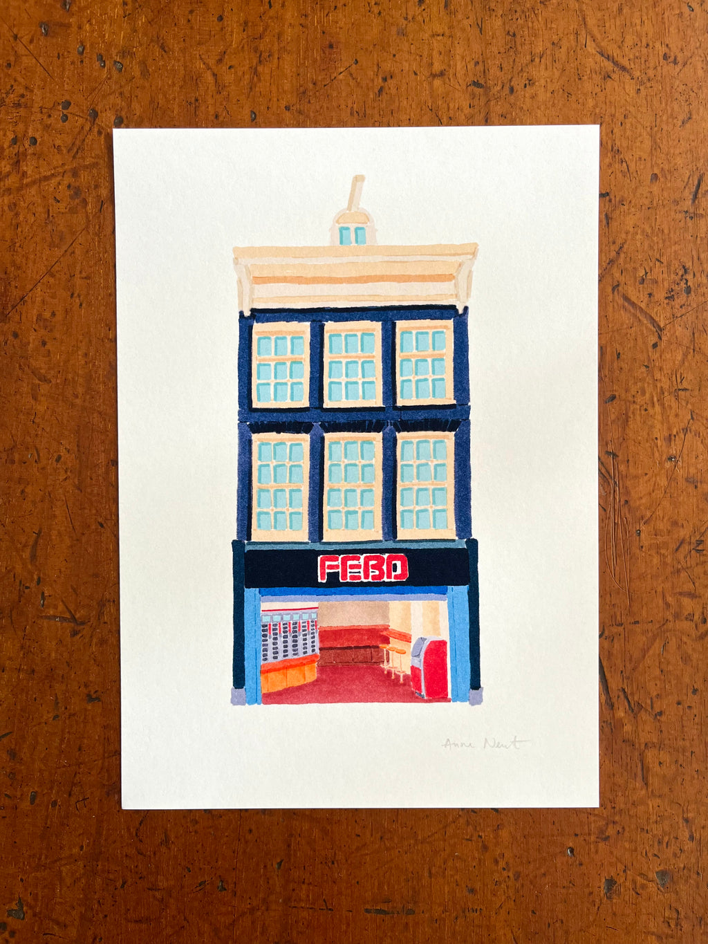 Tekening van snackbar aan de Reguliersbreestraat in Amsterdam door Anne Neuteboom cabaretier Anne Neut Boetiek