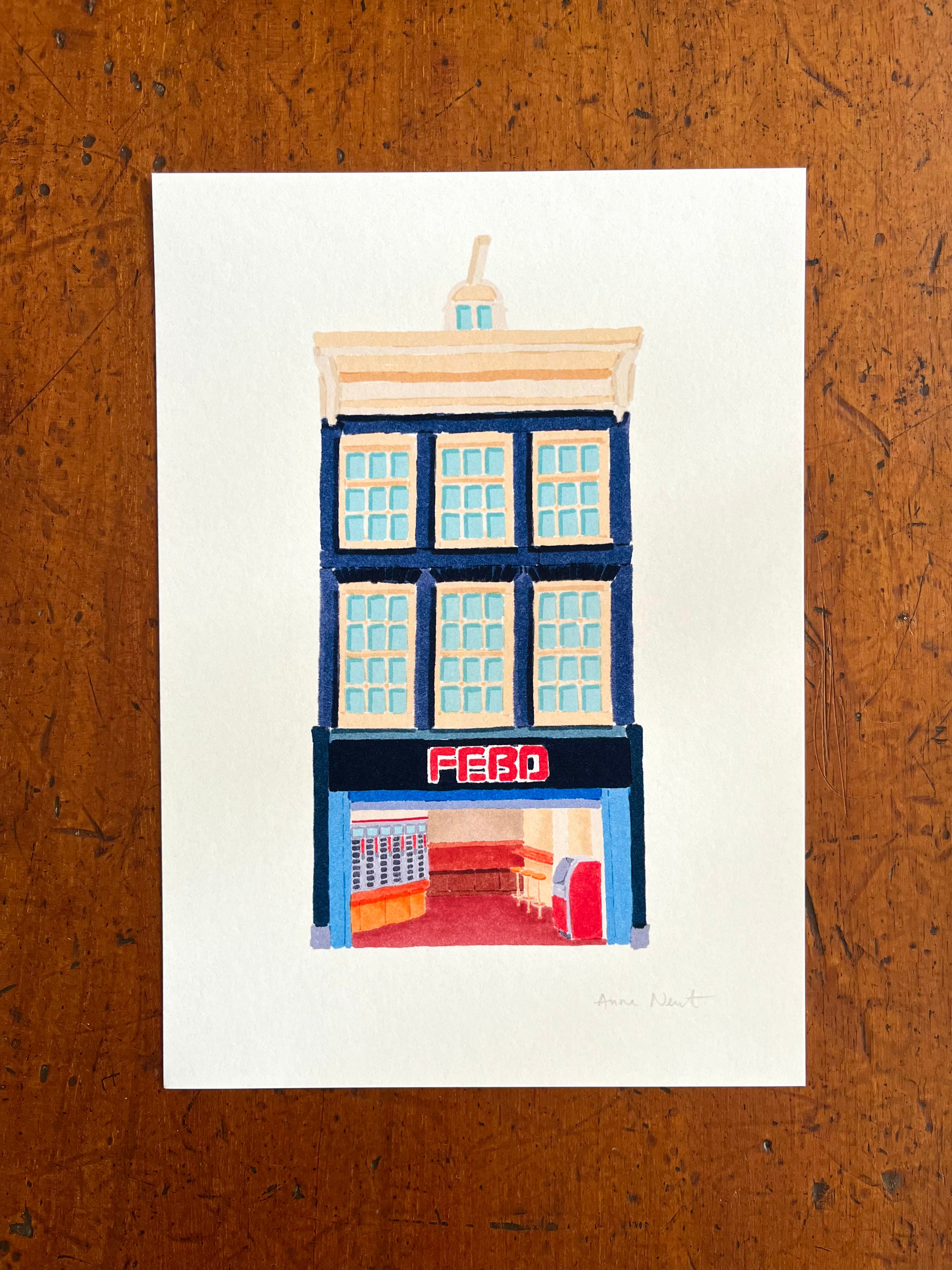 Tekening van snackbar aan de Reguliersbreestraat in Amsterdam door Anne Neuteboom cabaretier Anne Neut Boetiek