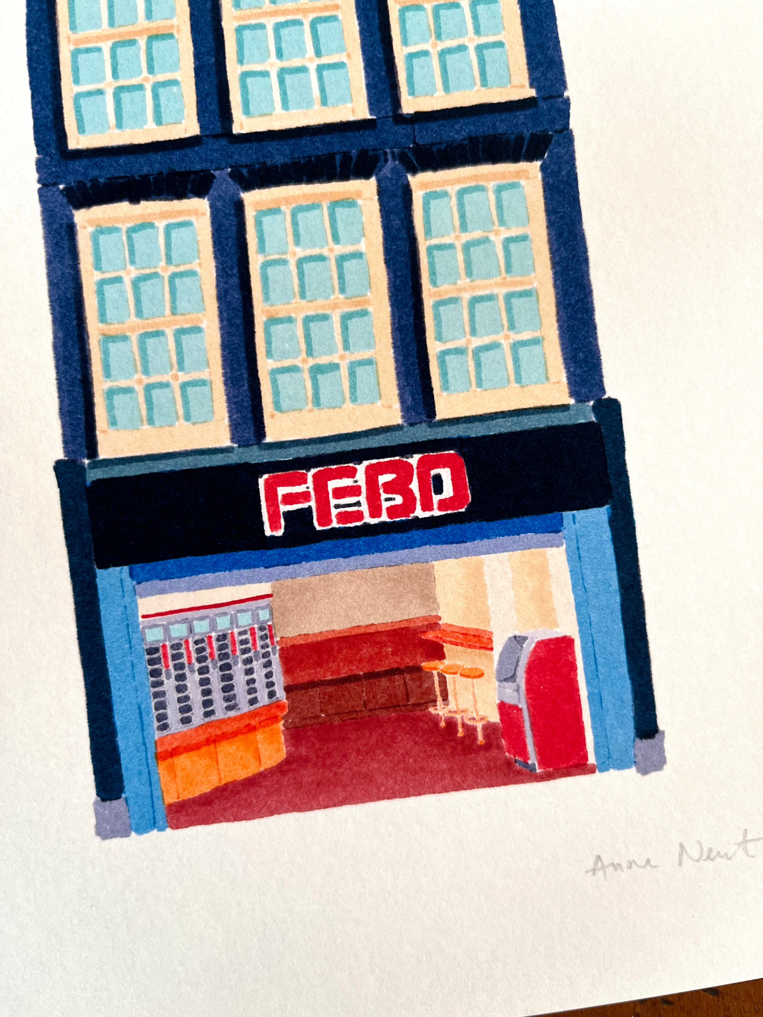 Tekening van snackbar aan de Reguliersbreestraat in Amsterdam door Anne Neuteboom cabaretier Anne Neut Boetiek