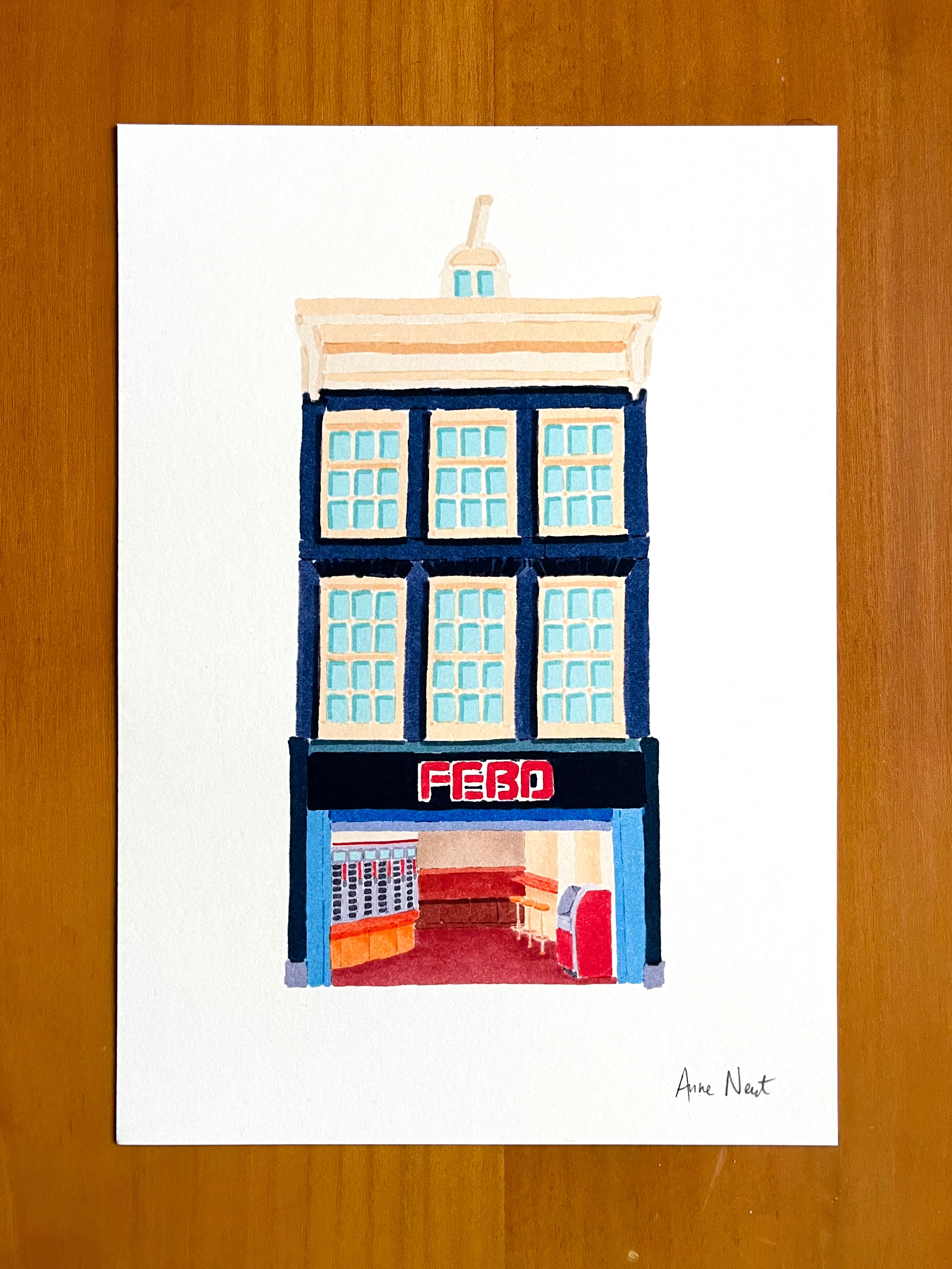 Tekening van snackbar aan de Reguliersbreestraat in Amsterdam door Anne Neuteboom cabaretier Anne Neut Boetiek