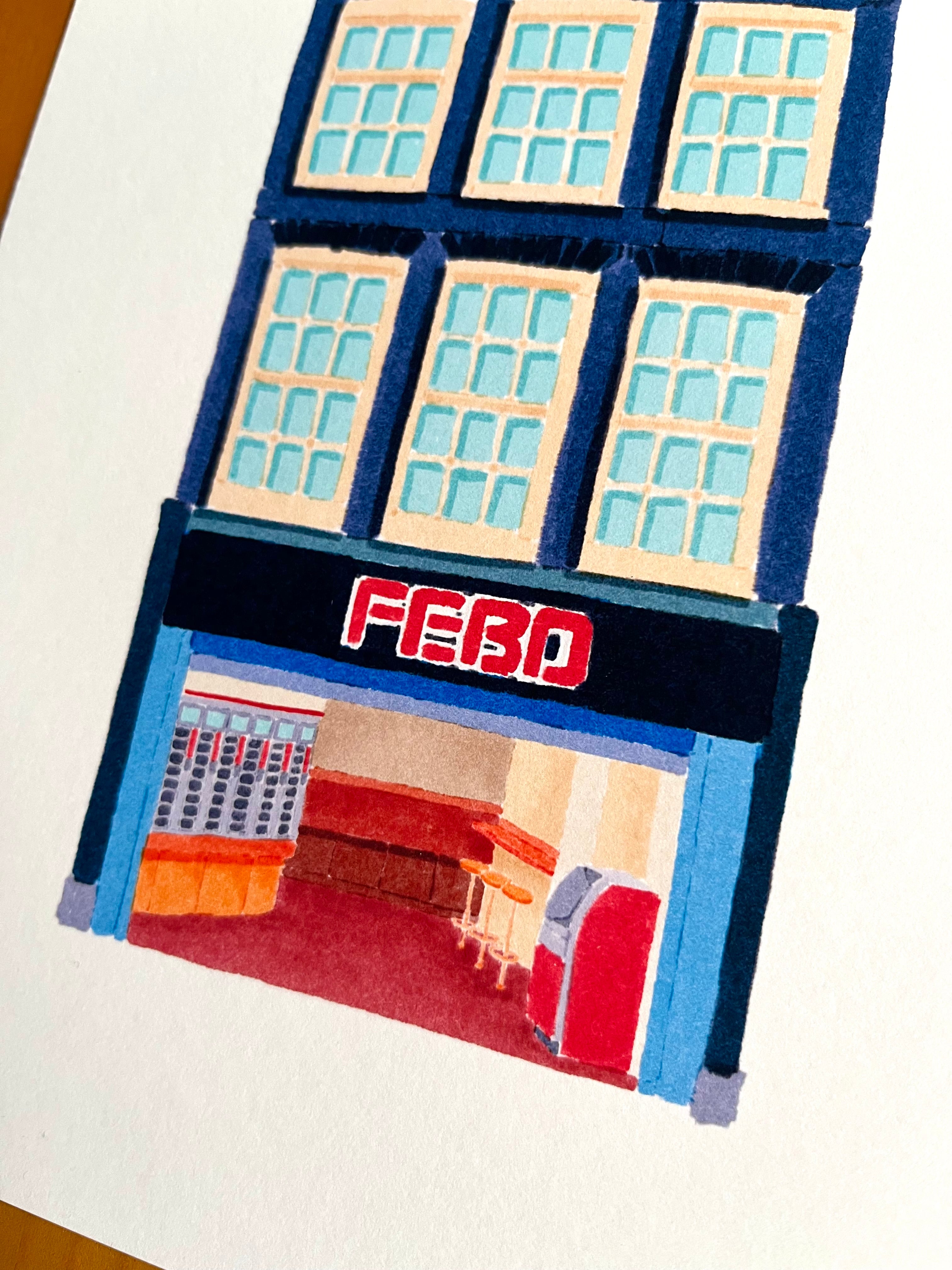 Tekening van snackbar aan de Reguliersbreestraat in Amsterdam door Anne Neuteboom cabaretier Anne Neut Boetiek