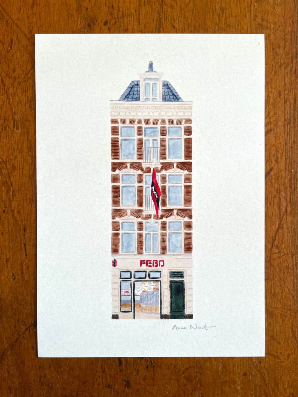 Fine art print van tekening van Febo Rozengracht in Amsterdam. Gemaakt door Anne Neuteboom, cabaretier. Anne Neut Boetiek.