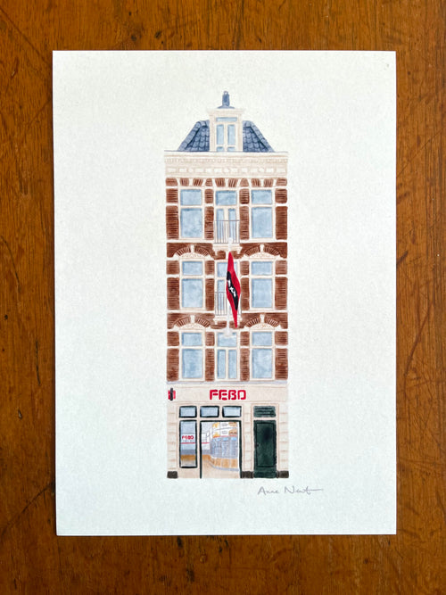 Fine art print van tekening van Febo Rozengracht in Amsterdam. Gemaakt door Anne Neuteboom, cabaretier. Anne Neut Boetiek.