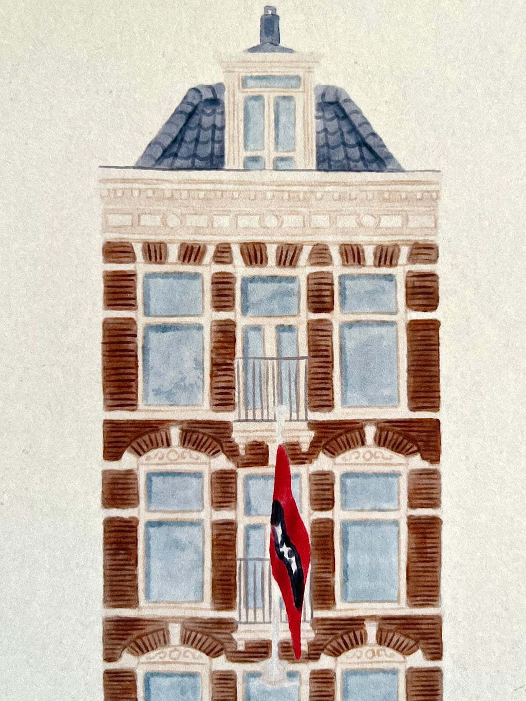 Fine art print van tekening van Febo Rozengracht in Amsterdam. Gemaakt door Anne Neuteboom, cabaretier. Anne Neut Boetiek.