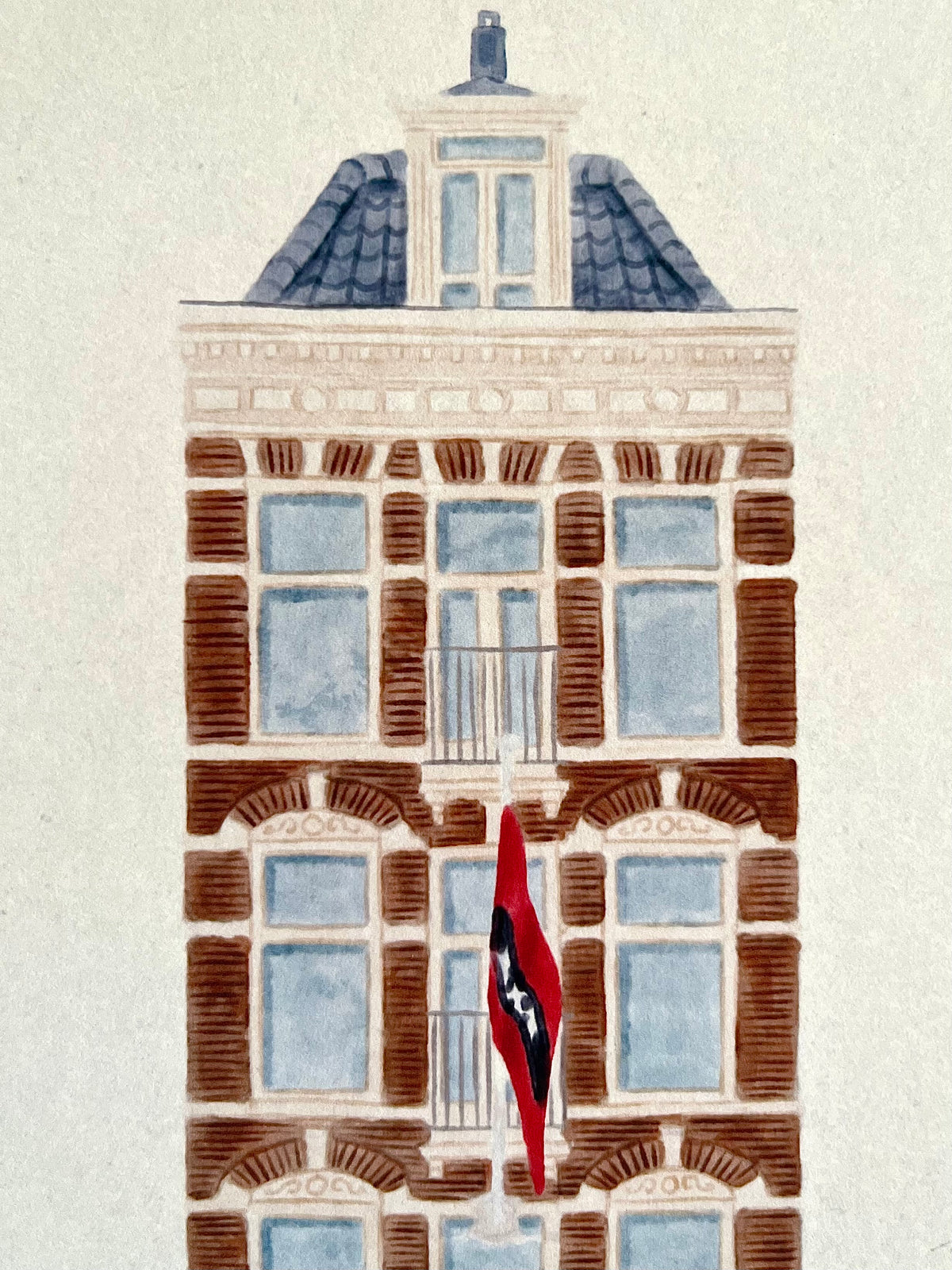 Fine art print van tekening van Febo Rozengracht in Amsterdam. Gemaakt door Anne Neuteboom, cabaretier. Anne Neut Boetiek.