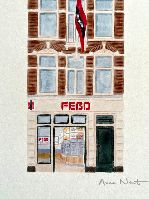 Fine art print van tekening van Febo Rozengracht in Amsterdam. Gemaakt door Anne Neuteboom, cabaretier. Anne Neut Boetiek.