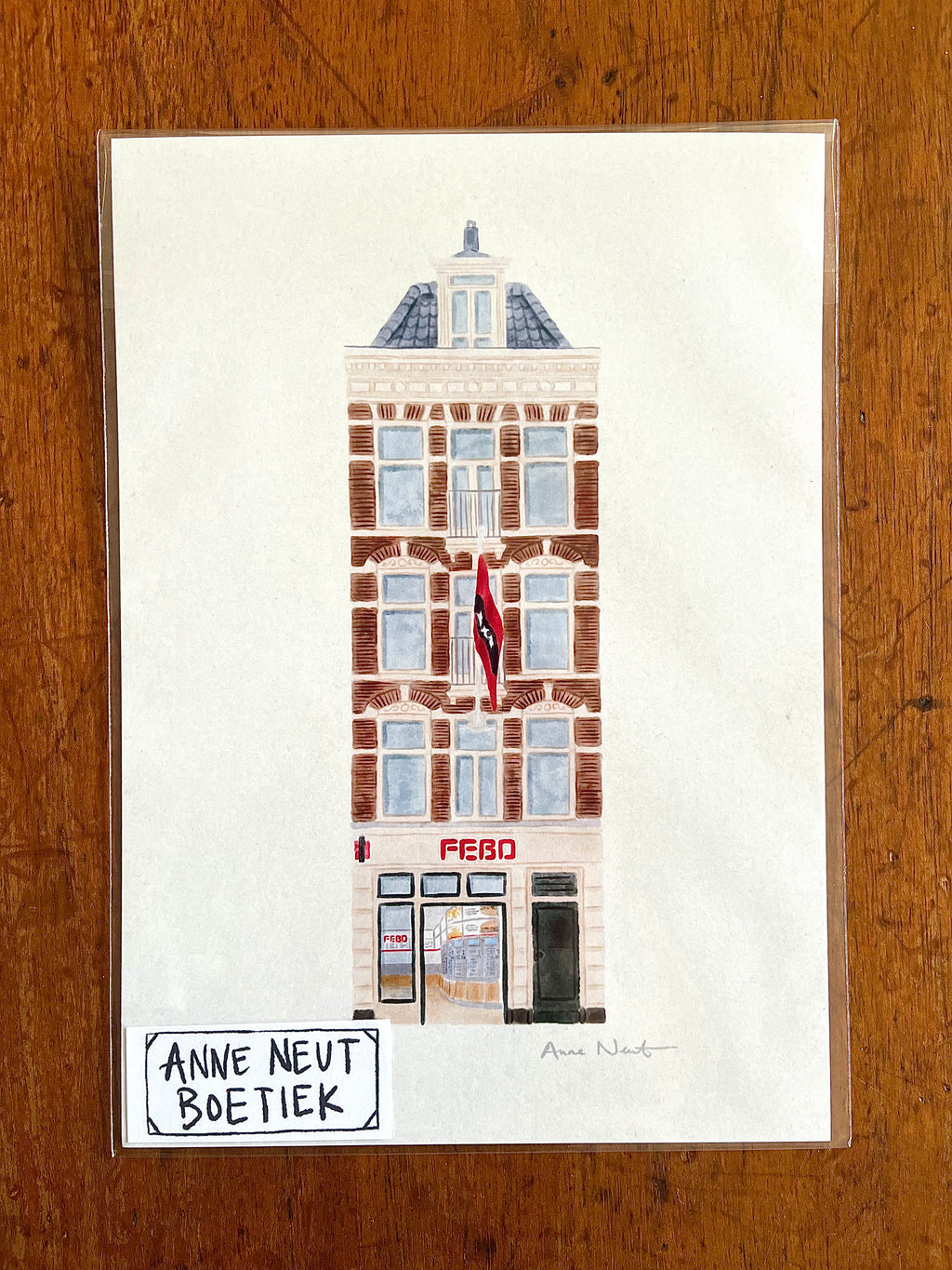 Fine art print van tekening van Febo Rozengracht in Amsterdam. Gemaakt door Anne Neuteboom, cabaretier. Anne Neut Boetiek.