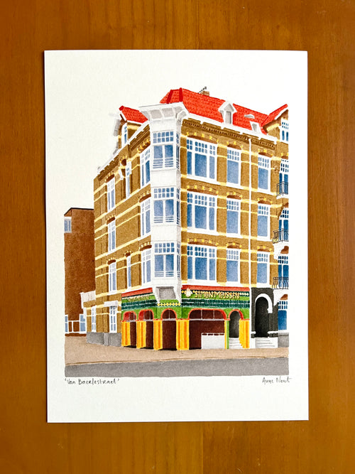 Tekening van bakkerij op de Van Baerlestraat in Amsterdam door Anne Neuteboom cabaretier Anne Neut Boetiek