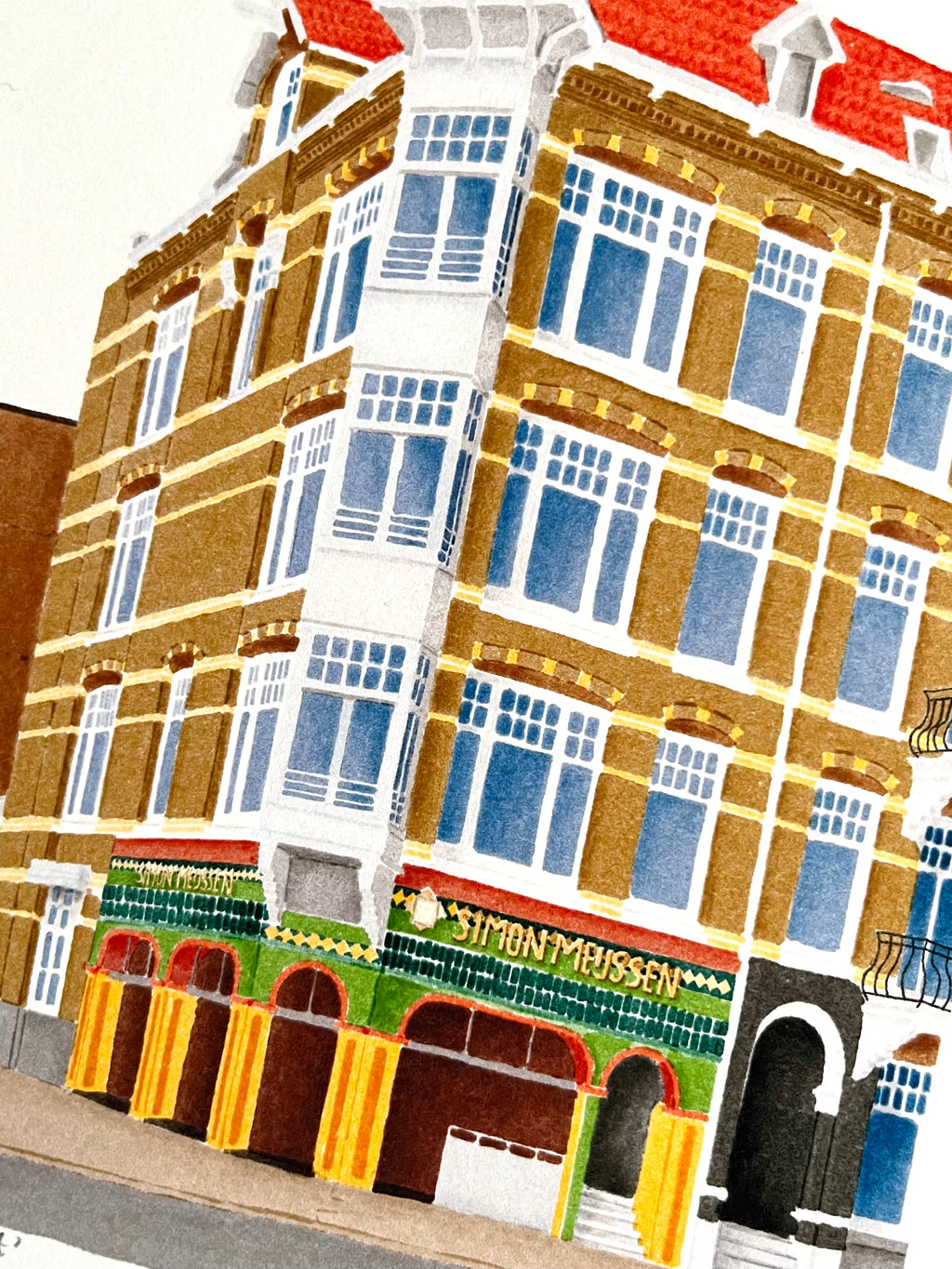 Tekening van bakkerij op de Van Baerlestraat in Amsterdam door Anne Neuteboom cabaretier Anne Neut Boetiek