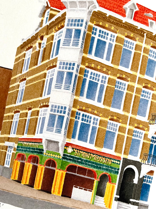 Tekening van bakkerij op de Van Baerlestraat in Amsterdam door Anne Neuteboom cabaretier Anne Neut Boetiek