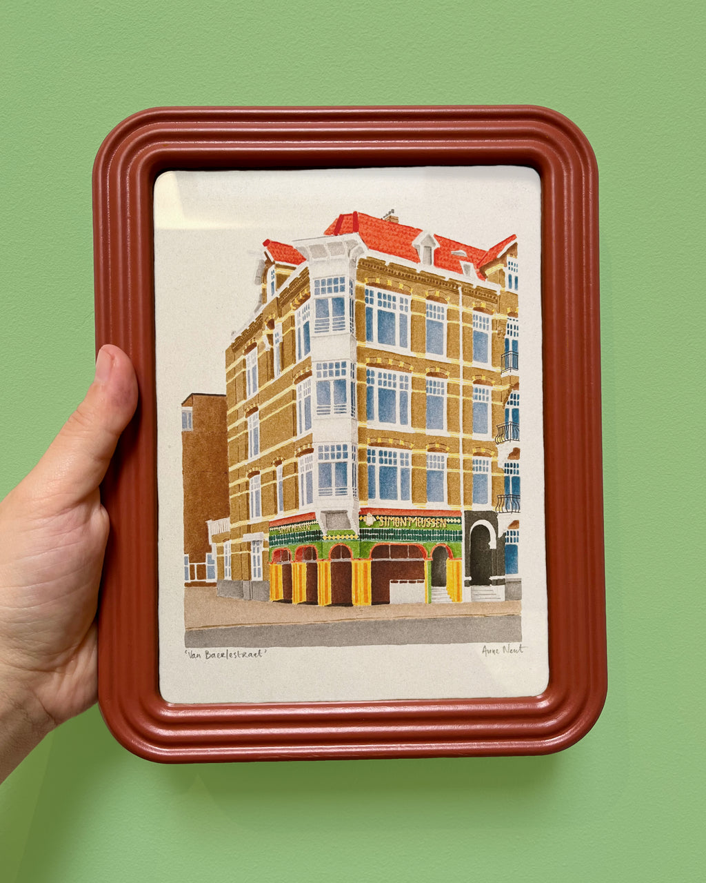 Tekening van bakkerij op de Van Baerlestraat in Amsterdam door Anne Neuteboom cabaretier Anne Neut Boetiek