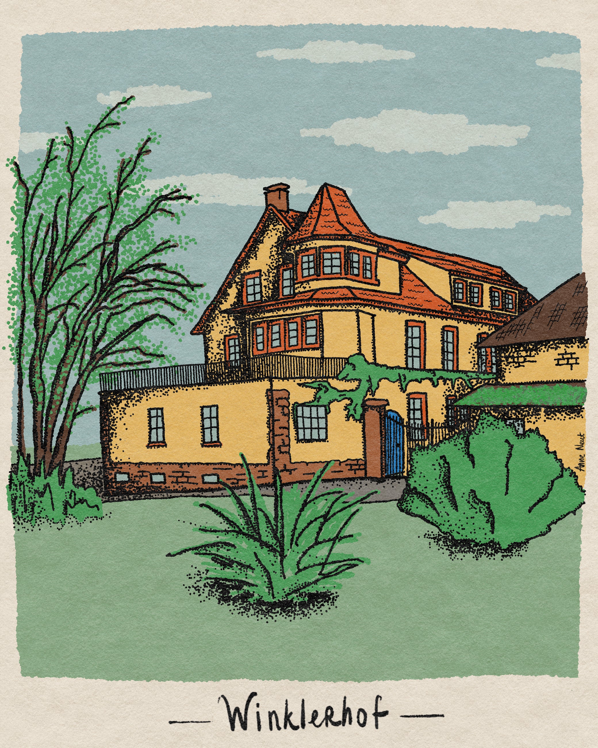 Tekening van Winklerhof in Baden door Anne Neuteboom Anne Neut Boetiek