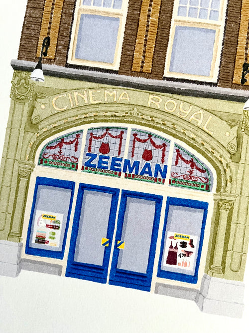 Tekening van de Zeeman in de Hinthamerstraat in Den Bosch in het Cinema Royal gebouw door Anne Neuteboom cabaretier Anne Neut Boetiek