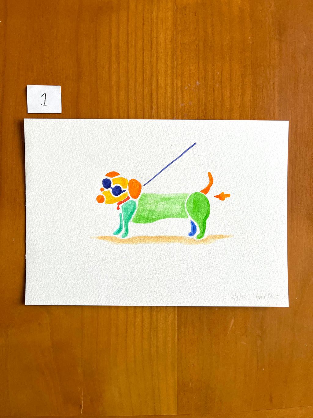 Tekening van teckel die een scheetje laat met aquarel markers op aquarel-papier door Anne Neuteboom cabaretier Anne Neut Boetiek