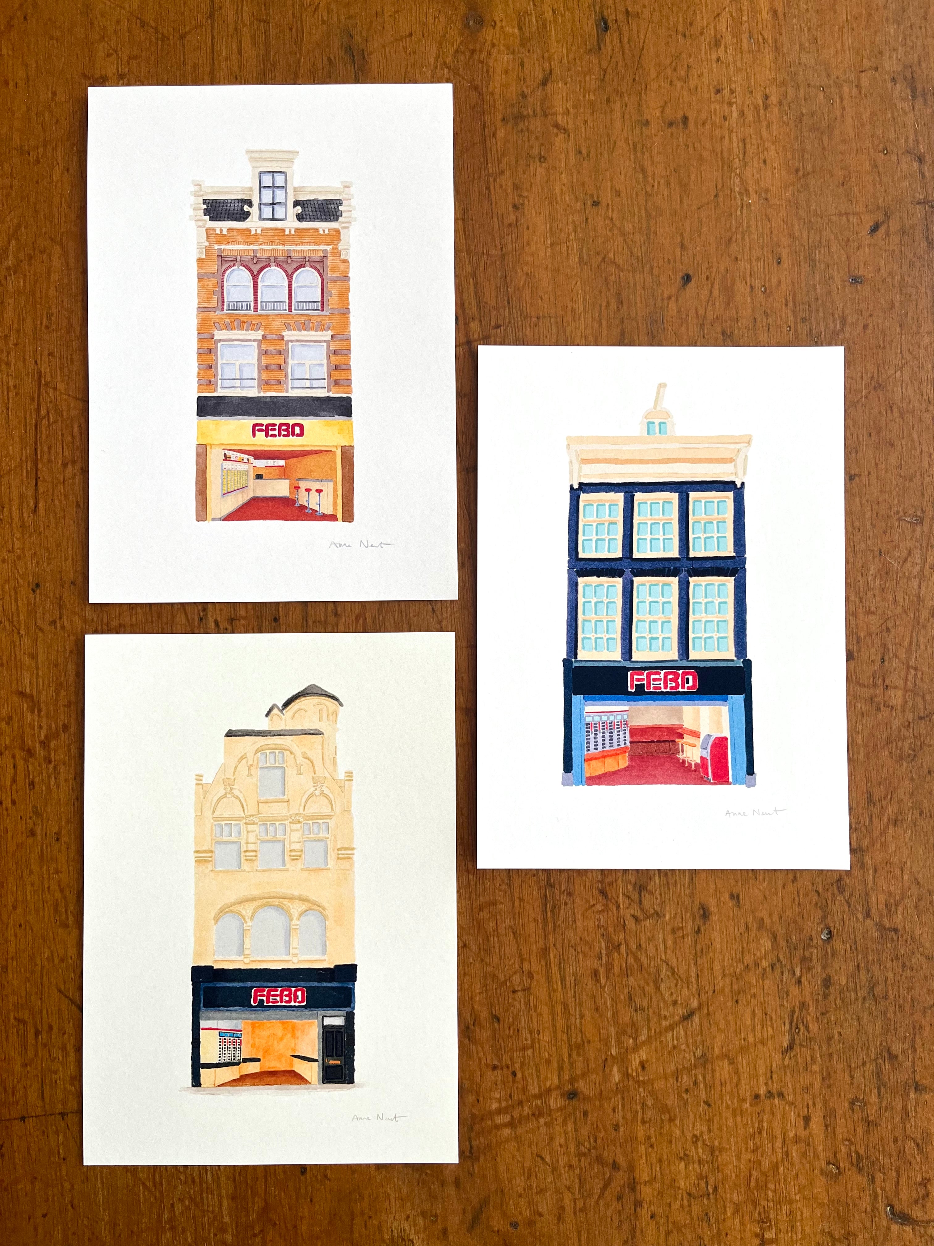 Tekeningen van FEBO snackbars in Amsterdam. Getekend door Anne Neuteboom, cabaretier. Anne Neut Boetiek.