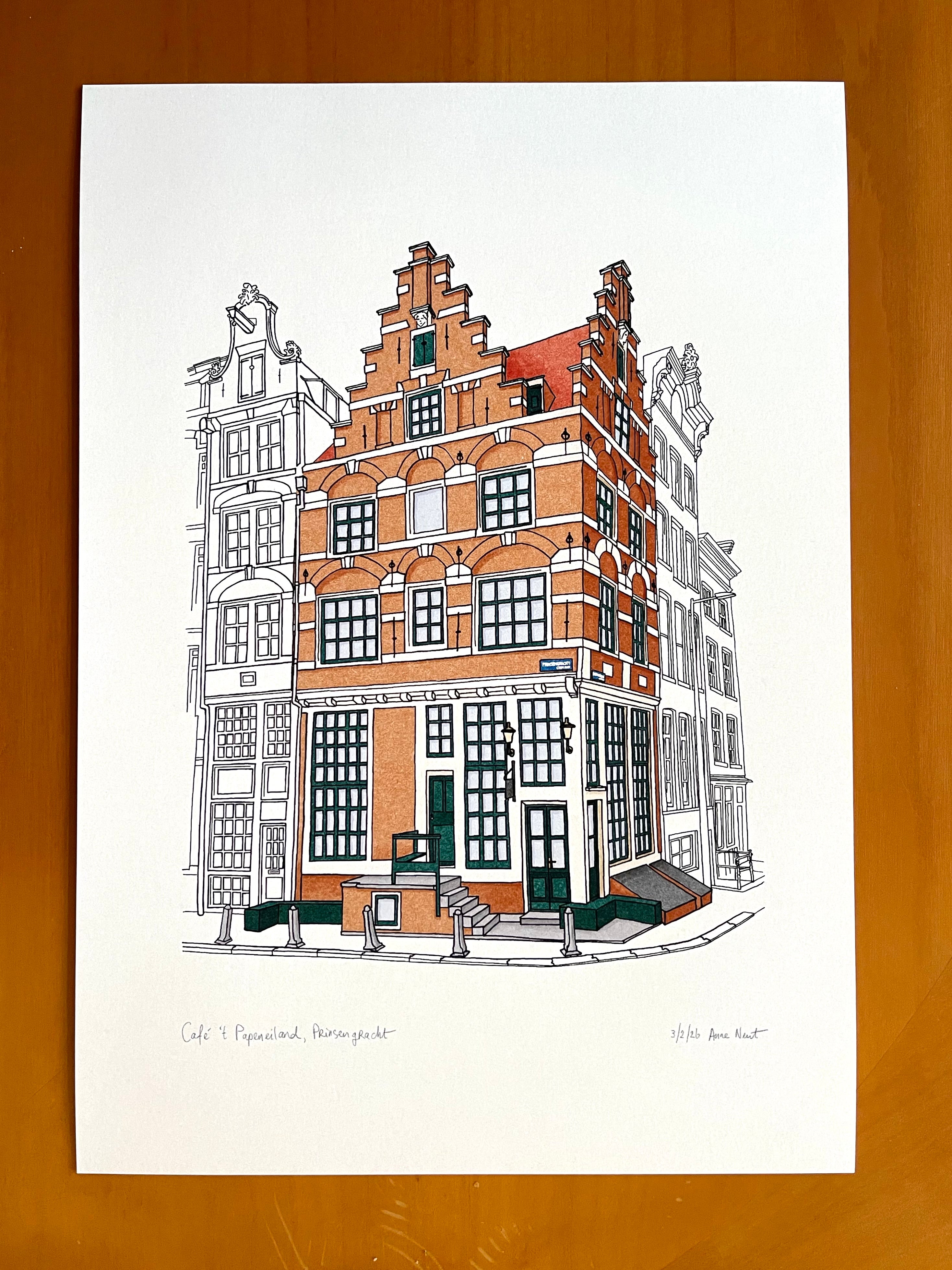 Illustratie van een café op de Prinsengracht in Amsterdam door Anne Neuteboom cabaretier Anne Neut Boetiek