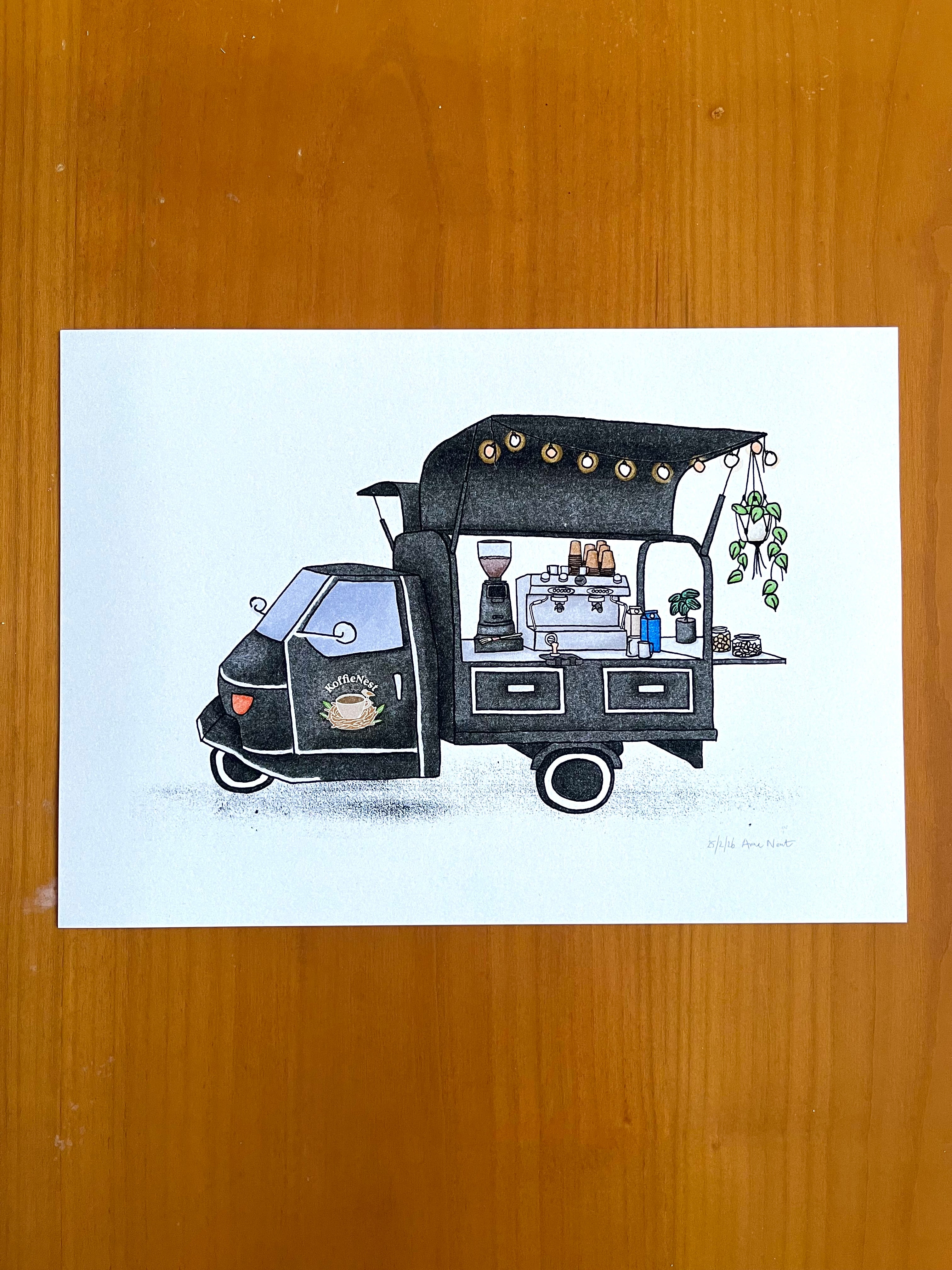 Illustratie van koffiekar KoffieNest door Anne Neuteboom cabaretier Anne Neut Boetiek