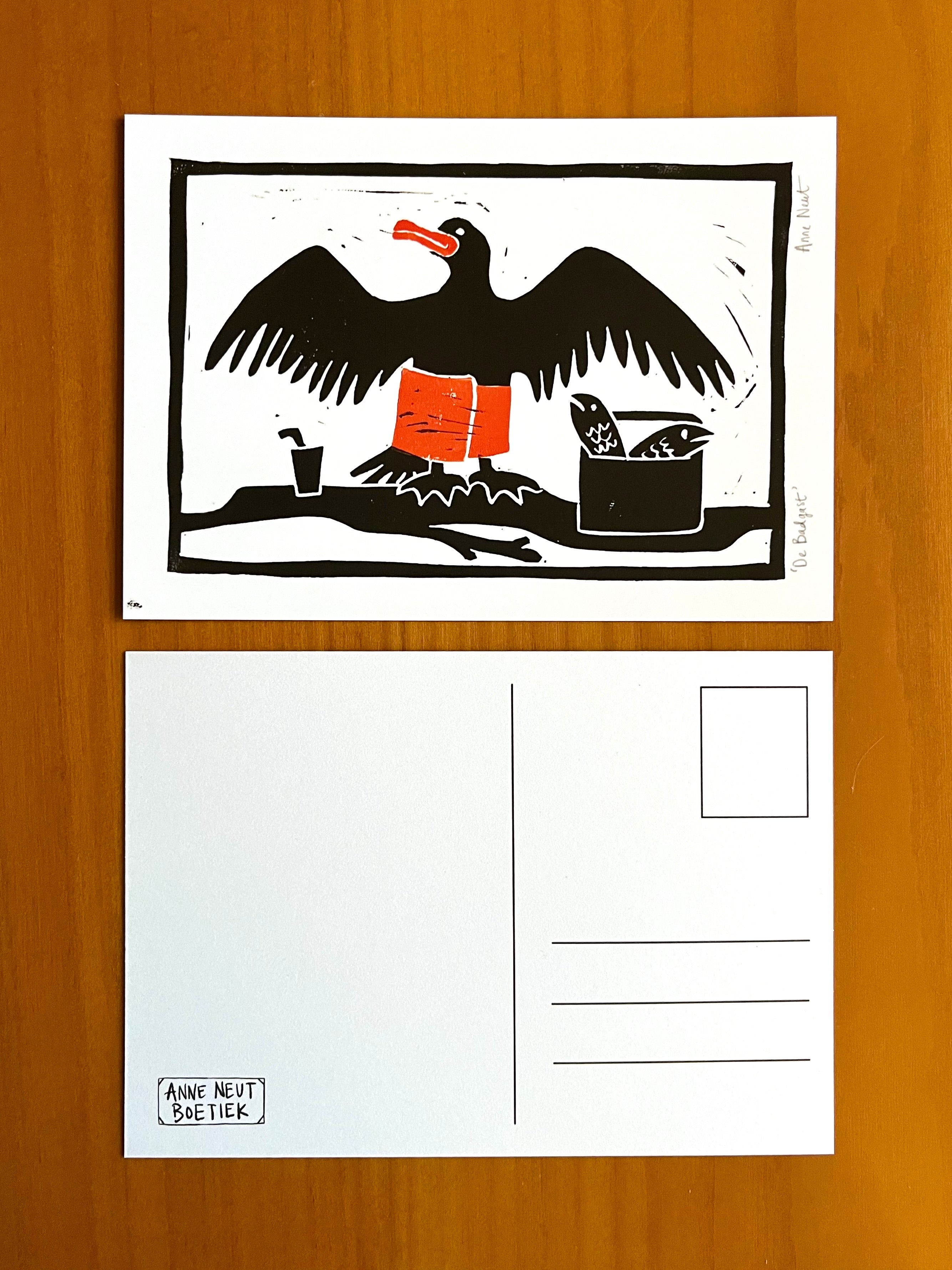 kaart met linoprint van aalscholver door Anne Neuteboom cabaretier Anne Neut Boetiek