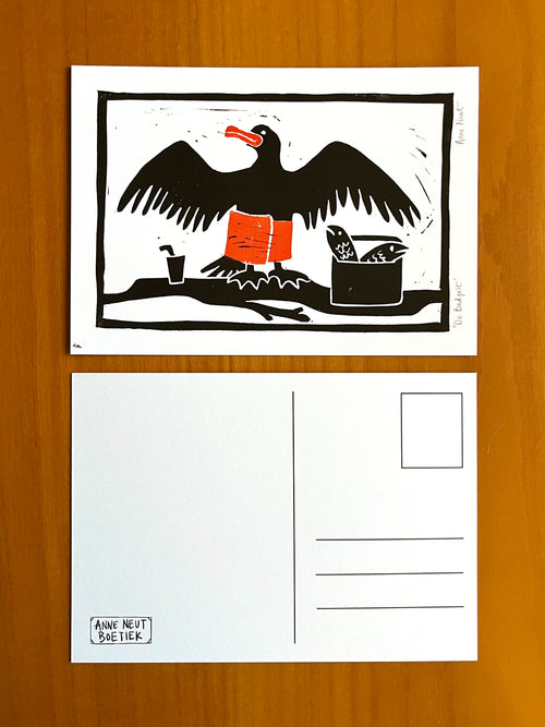 kaart met linoprint van aalscholver door Anne Neuteboom cabaretier Anne Neut Boetiek