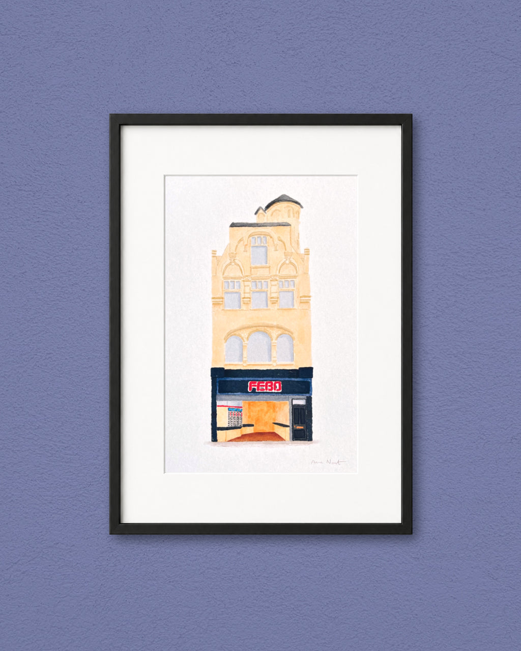 Tekening van FEBO snackbar aan de Leidsestraat in Amsterdam. Getekend door Anne Neuteboom, cabaretier. Anne Neut Boetiek.