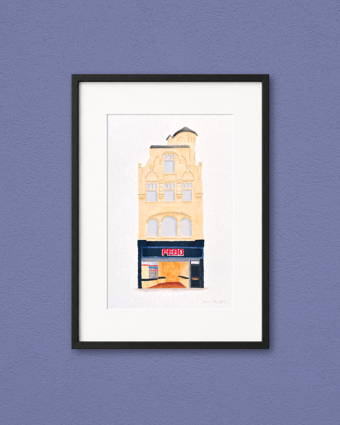 Tekening van FEBO snackbar aan de Leidsestraat in Amsterdam. Getekend door Anne Neuteboom, cabaretier. Anne Neut Boetiek.