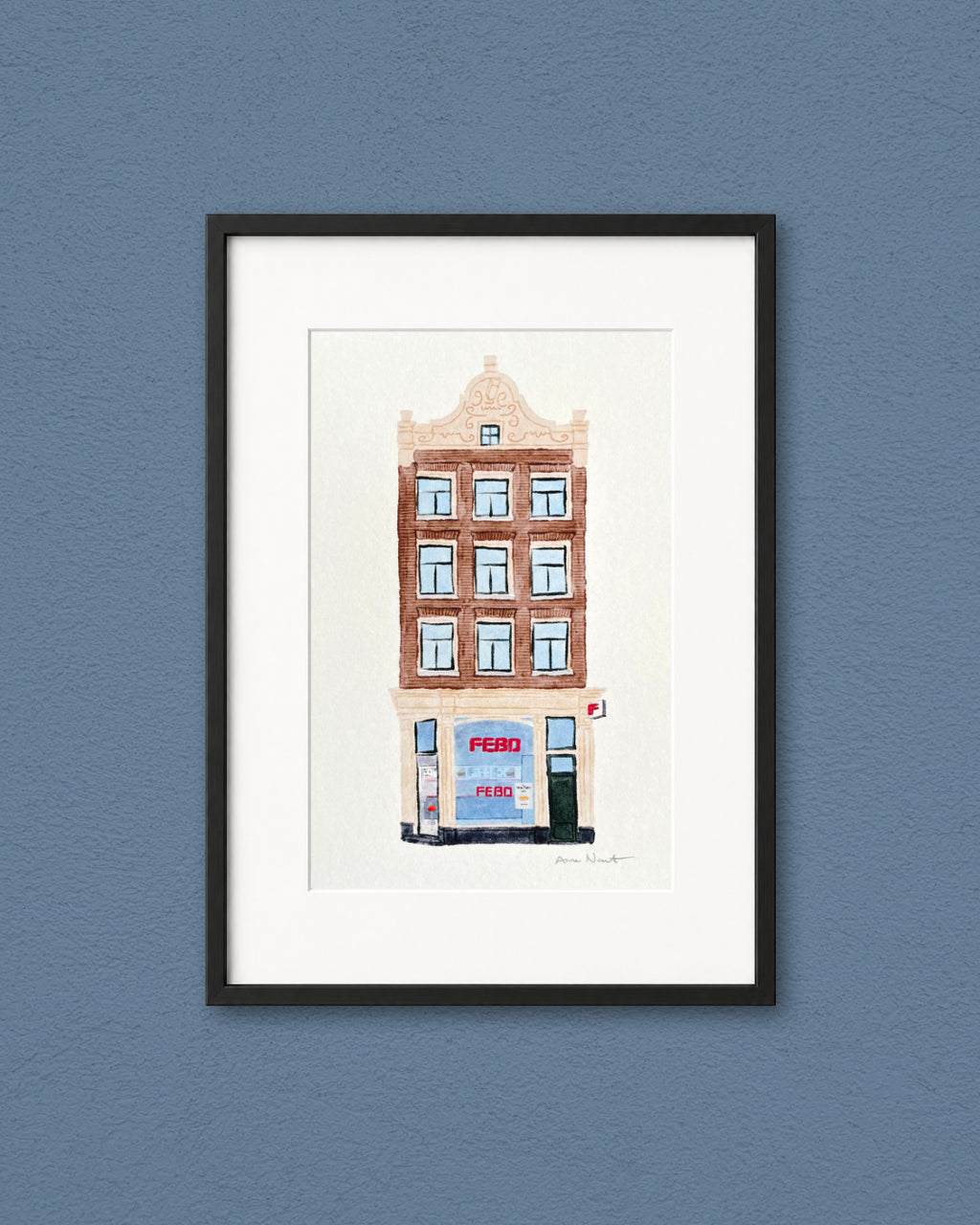 Tekening van Febo snackbar aan de Nieuwezijds Voorburgwal in Amsterdam. Door Anne Neuteboom, cabaretier. Anne Neut Boetiek.