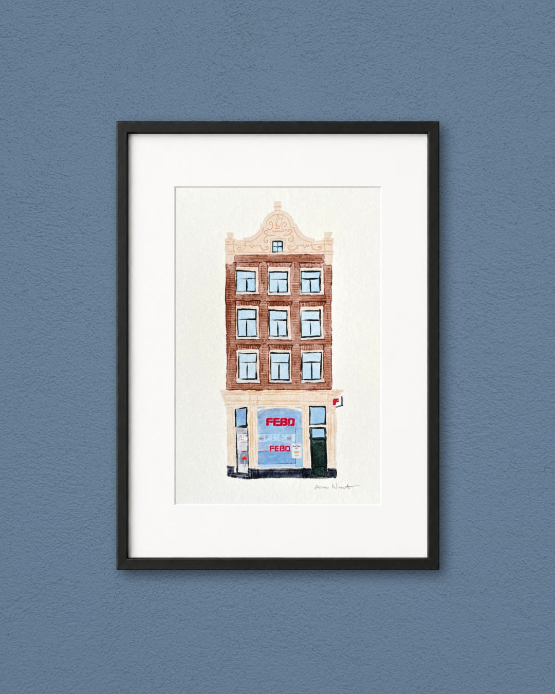 Tekening van Febo snackbar aan de Nieuwezijds Voorburgwal in Amsterdam. Door Anne Neuteboom, cabaretier. Anne Neut Boetiek.