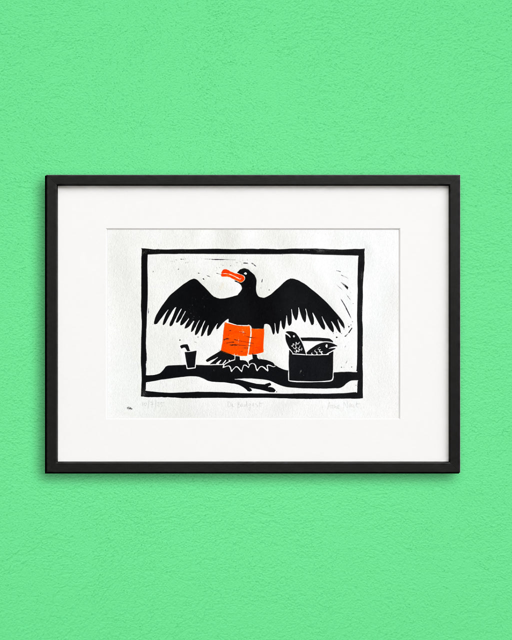 Fine art print van linoprint van aalscholver door Anne Neuteboom cabaretier Anne Neut Boetiek
