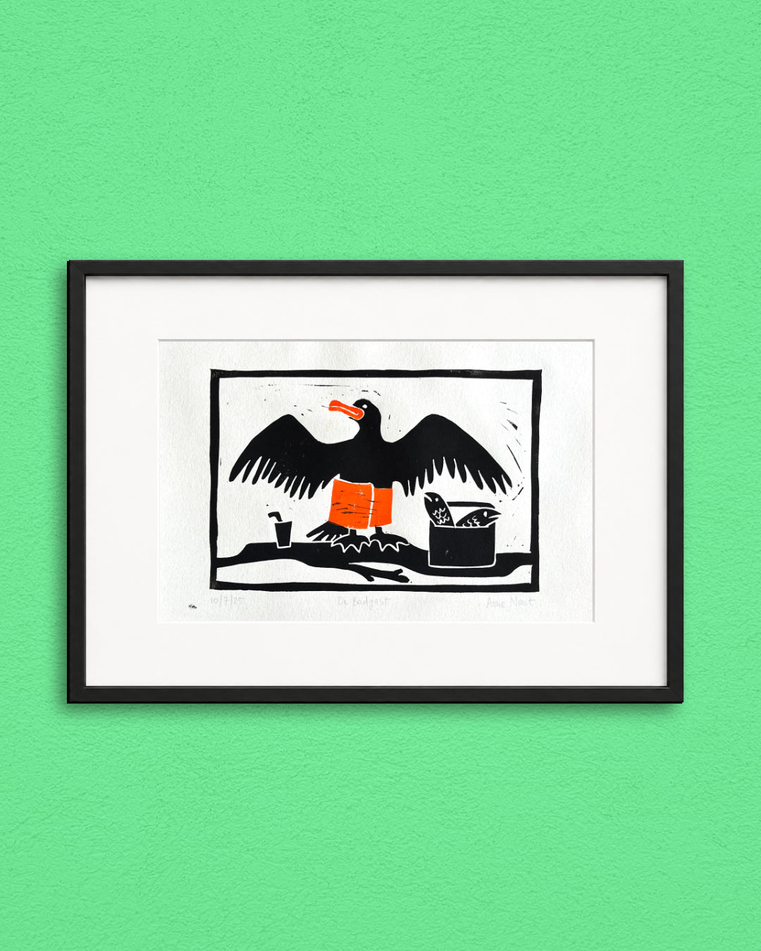 Fine art print van linoprint van aalscholver door Anne Neuteboom cabaretier Anne Neut Boetiek