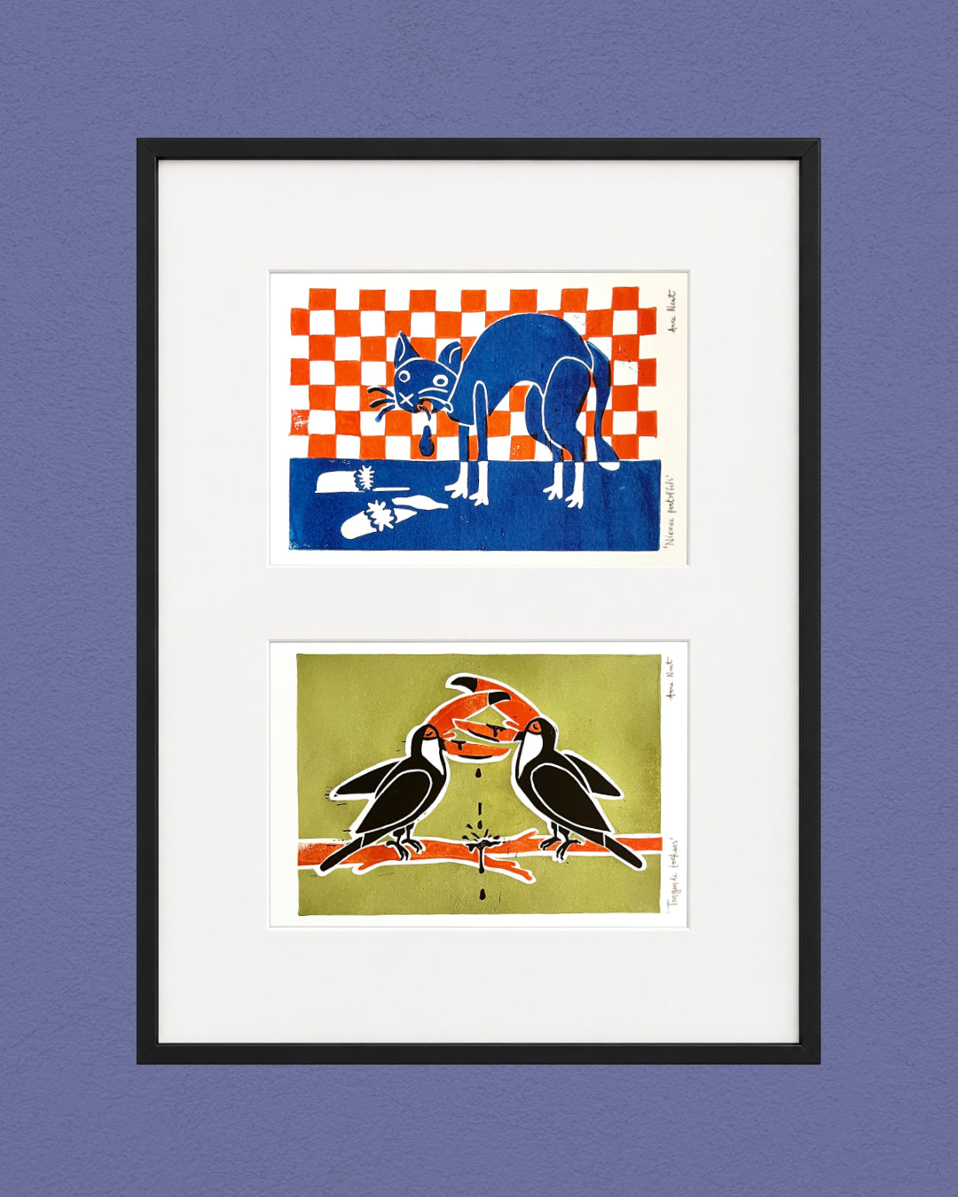 Ansichtkaarten in lijst. Linoprints door Anne Neuteboom, cabaretier. Anne Neut Boetiek.