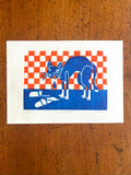 Lino print met tekening van kotsende kat door Anne Neuteboom cabaretier Anne Neut Boetiek