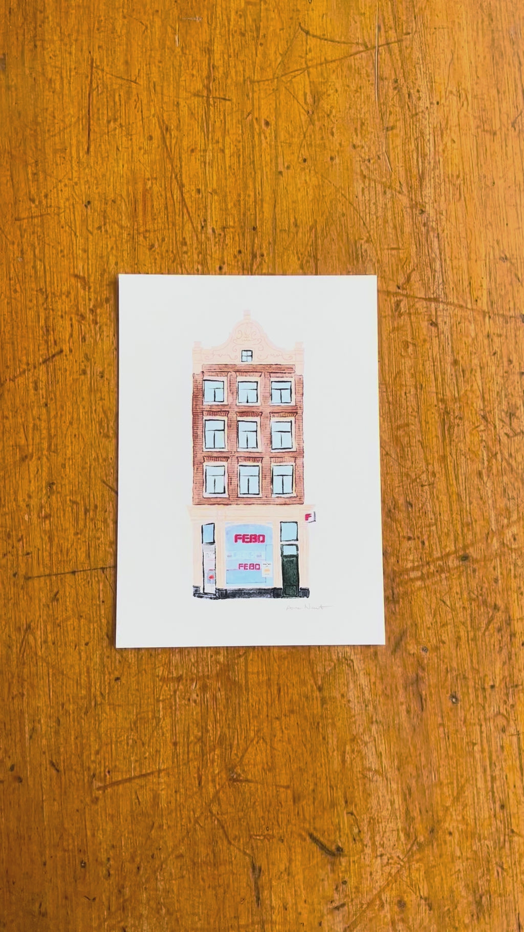 Tekening van Febo snackbar aan de Nieuwezijds Voorburgwal in Amsterdam. Door Anne Neuteboom, cabaretier. Anne Neut Boetiek.