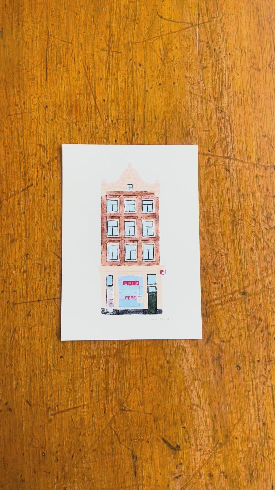 Tekening van Febo snackbar aan de Nieuwezijds Voorburgwal in Amsterdam. Door Anne Neuteboom, cabaretier. Anne Neut Boetiek.