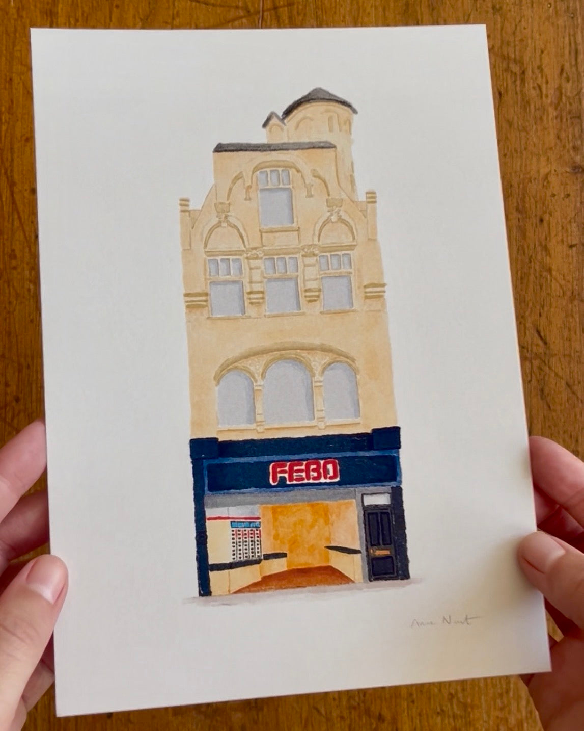 Tekening van FEBO snackbar aan de Leidsestraat in Amsterdam. Getekend door Anne Neuteboom, cabaretier. Anne Neut Boetiek.