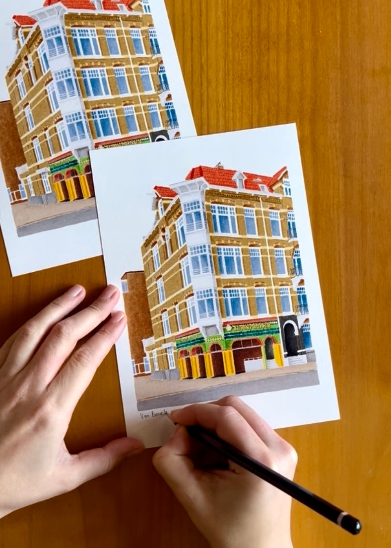 Tekening van bakkerij op de Van Baerlestraat in Amsterdam door Anne Neuteboom cabaretier Anne Neut Boetiek