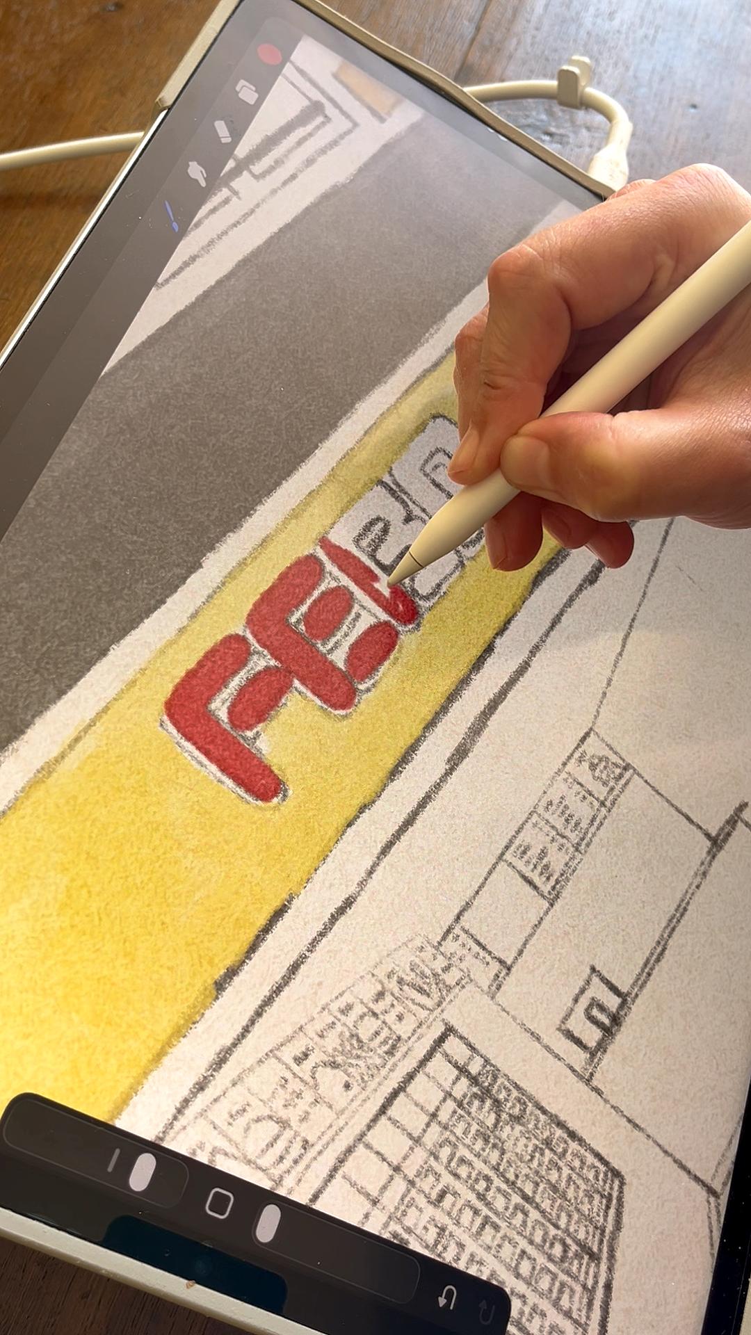 Tekening van FEBO snackbar Nieuwendijk Amsterdam. Getekend door Anne Neuteboom, cabaretier. Anne Neut Boetiek.