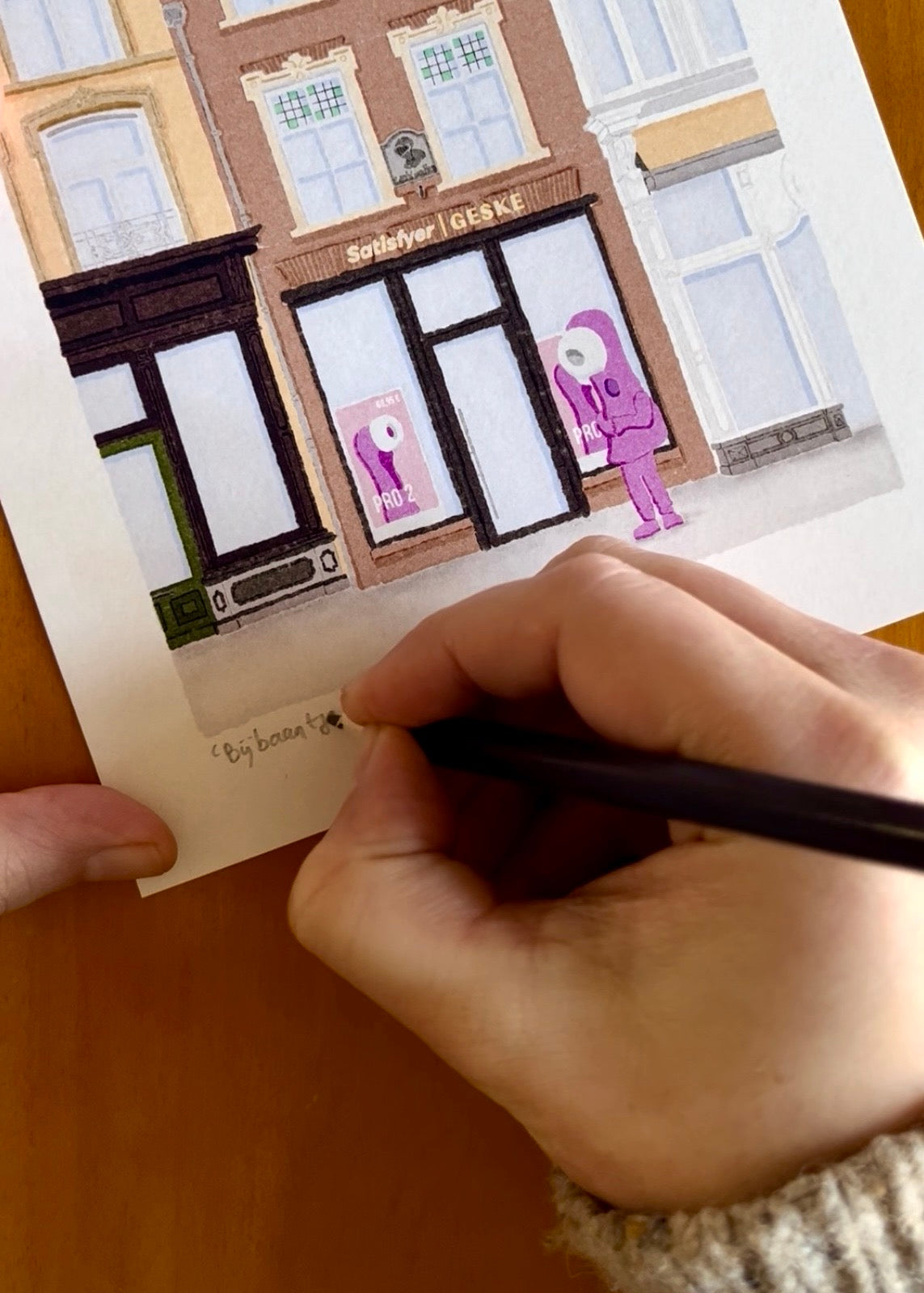 Tekening van Satisfyer winkel op de markt in Den Bosch s-Hertogenbosch door Anne Neuteboom cabaretier Anne Neut Boetiek