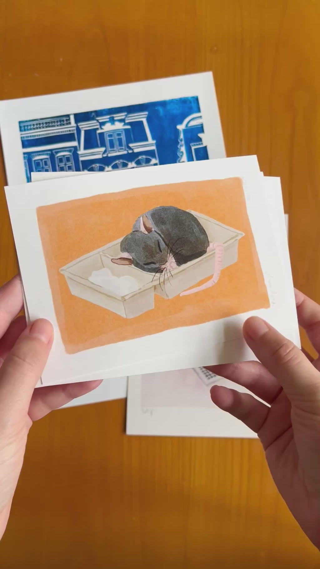 Tekening van een ratje dat ligt te slapen door Anne Neuteboom cabaretier Anne Neut Boetiek