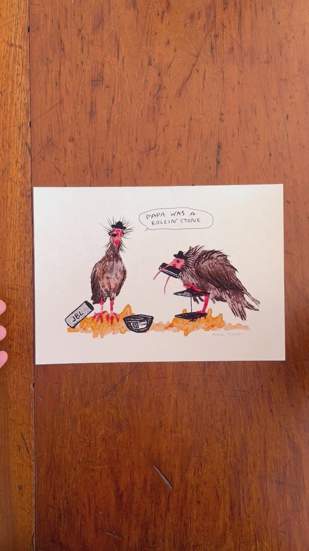 Fine art print van een tekening van twee Heremietibissen die muziek maken. Getekend door Anne Neuteboom, cabaretier. 