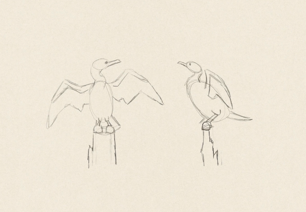 Tekening van twee aalscholvers op boomstronken in het water door Anne Neuteboom cabaretier Anne Neut Boetiek