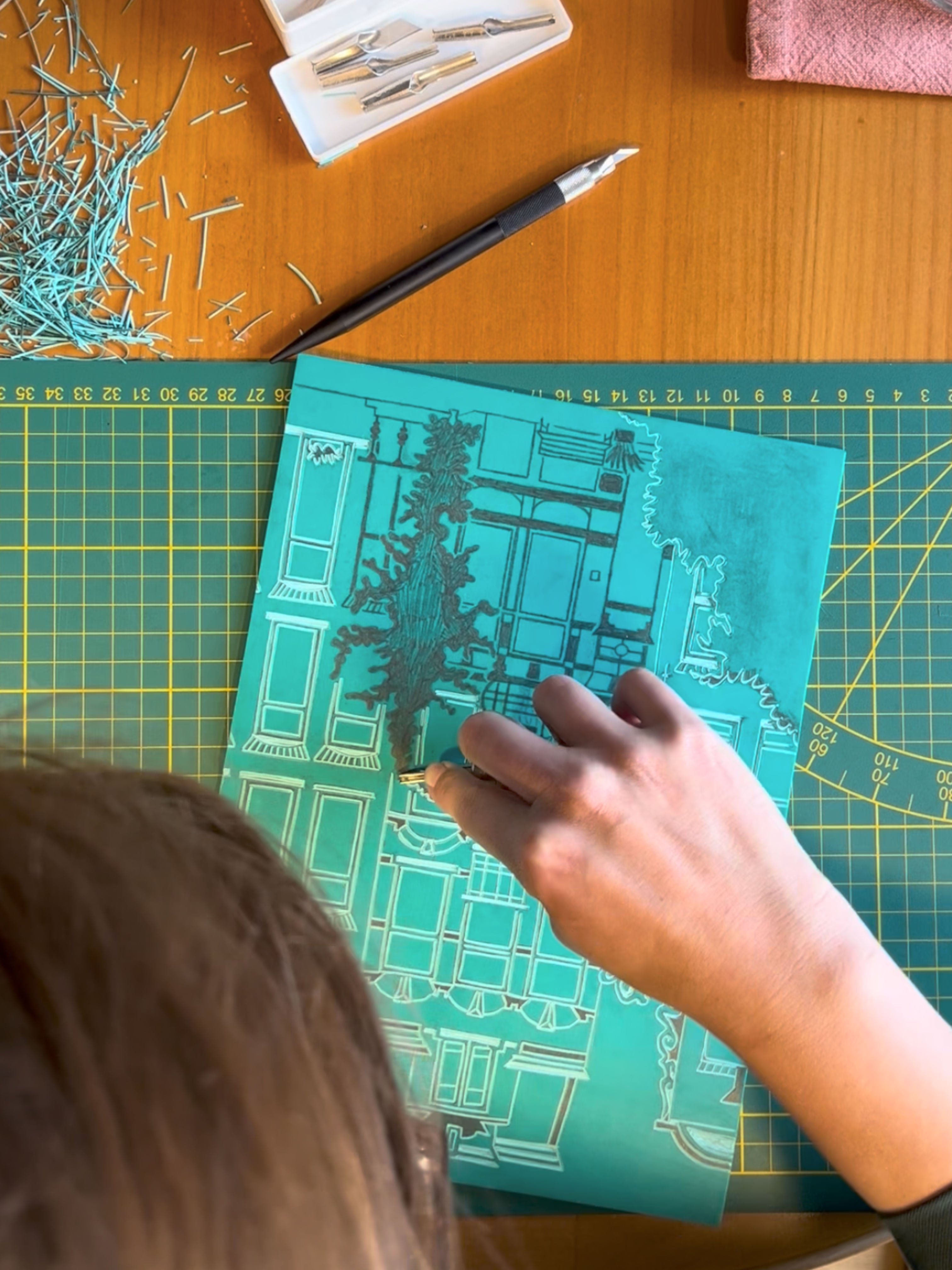 Linoprint van tekening Herengracht Amsterdam door Anne Neuteboom cabaretier Anne Neut Boetiek