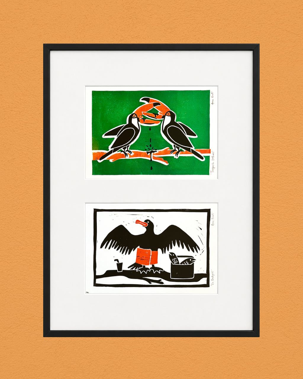 Ansichtkaarten in lijst. Linoprints door Anne Neuteboom, cabaretier. Anne Neut Boetiek.