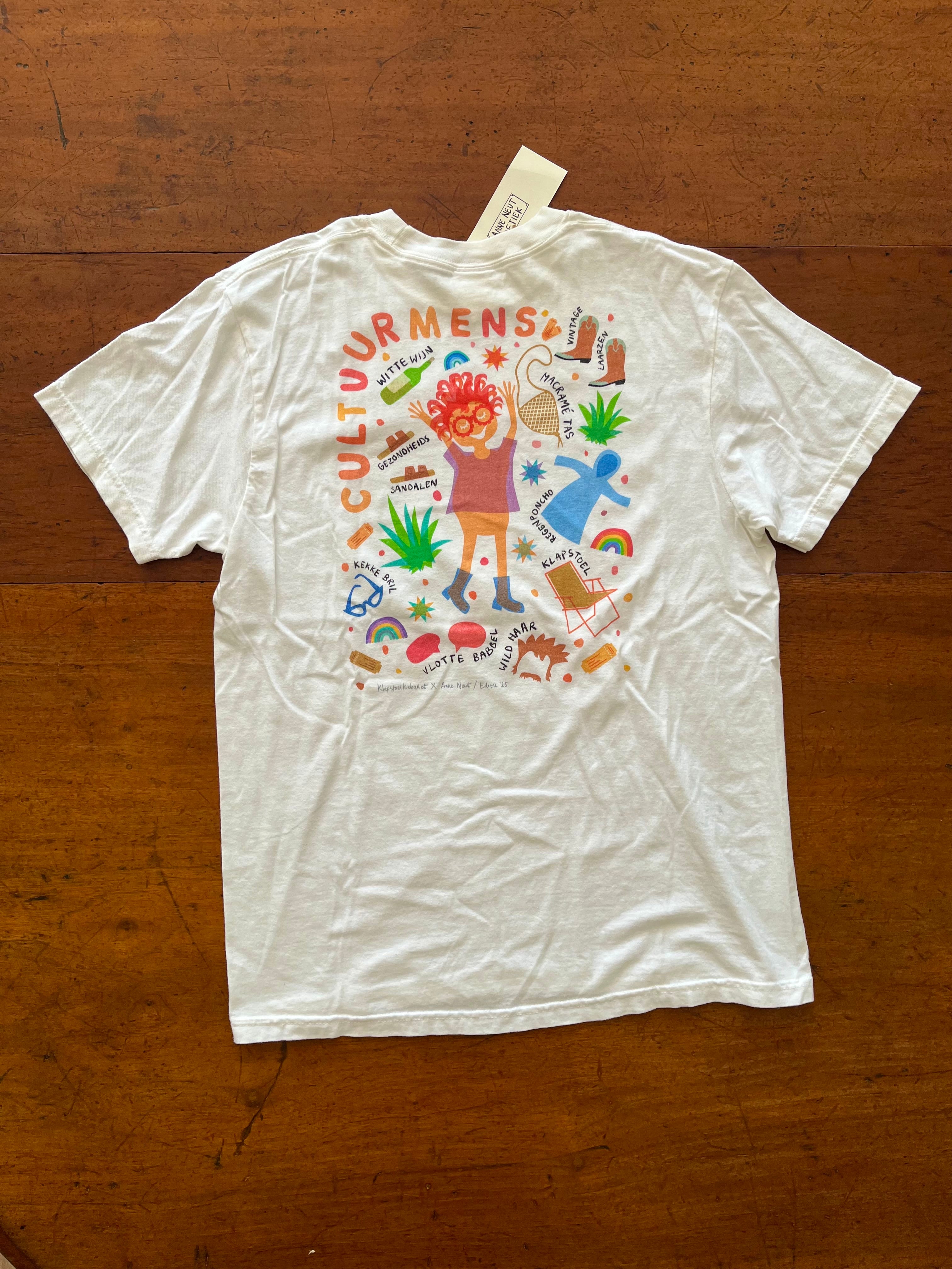 shirt met riso print van cultuurmens getekend door Anne Neuteboom in samenwerking met Klapstoelkabaret